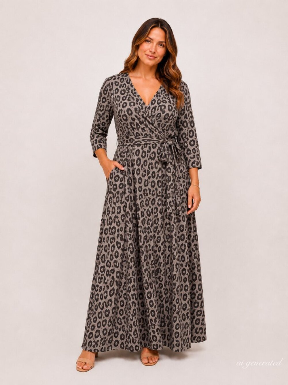 Women's Leopard Print Faux Wrap Maxi Dress 3/4 Sleeve Belted Pockets Size Large